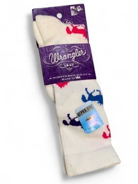 Wrangler Ultra-Dri White High Top Socks with Blue, Pink and Purple Horse Print